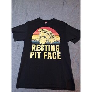 Hanes Resting Pit Face Dog Graphic T-Shirt Black Size Medium Retro Sunset